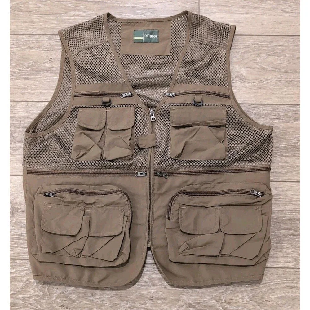 OUTDOOR MESH FLY FISHING VEST KHAKI UTILITY CARGO MEN'S SIZE LARGE EUC
